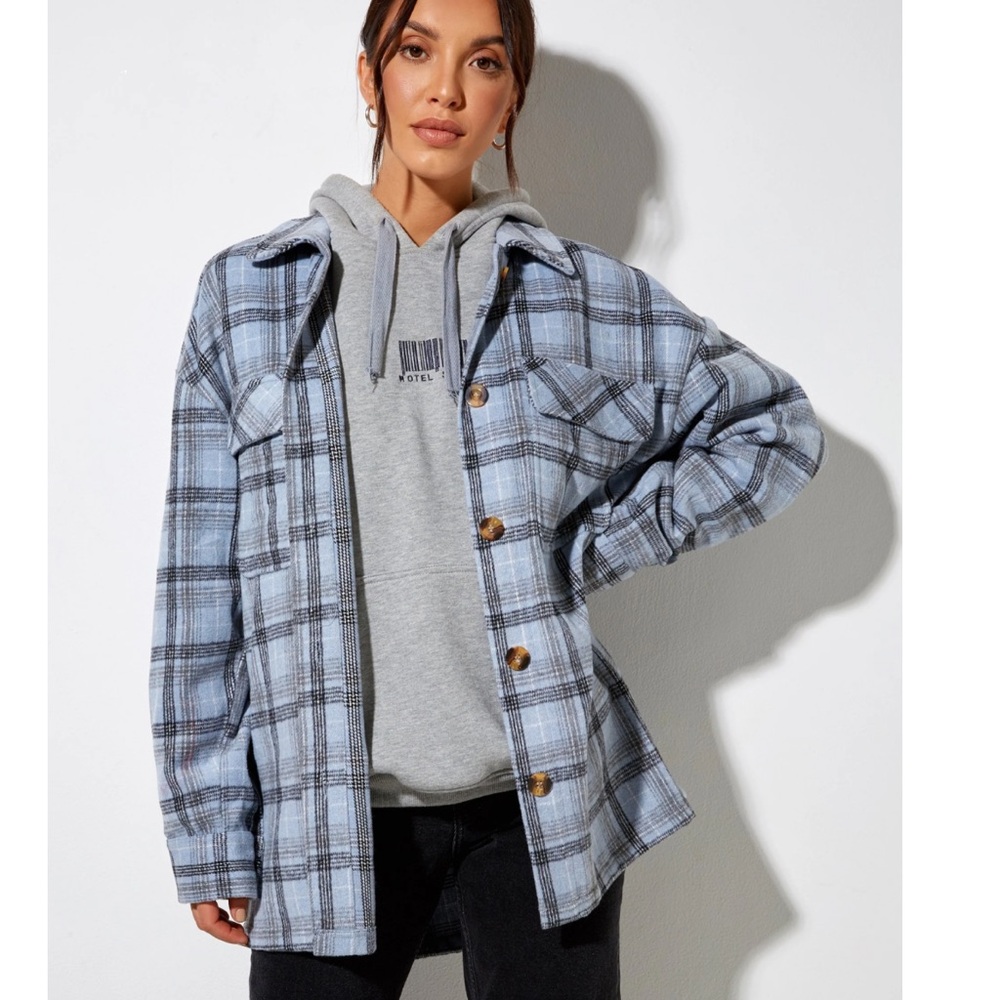 Motel Marcella Oversized Shirt Coat Jacket Blazer Check Plaid Blue Black Size XS